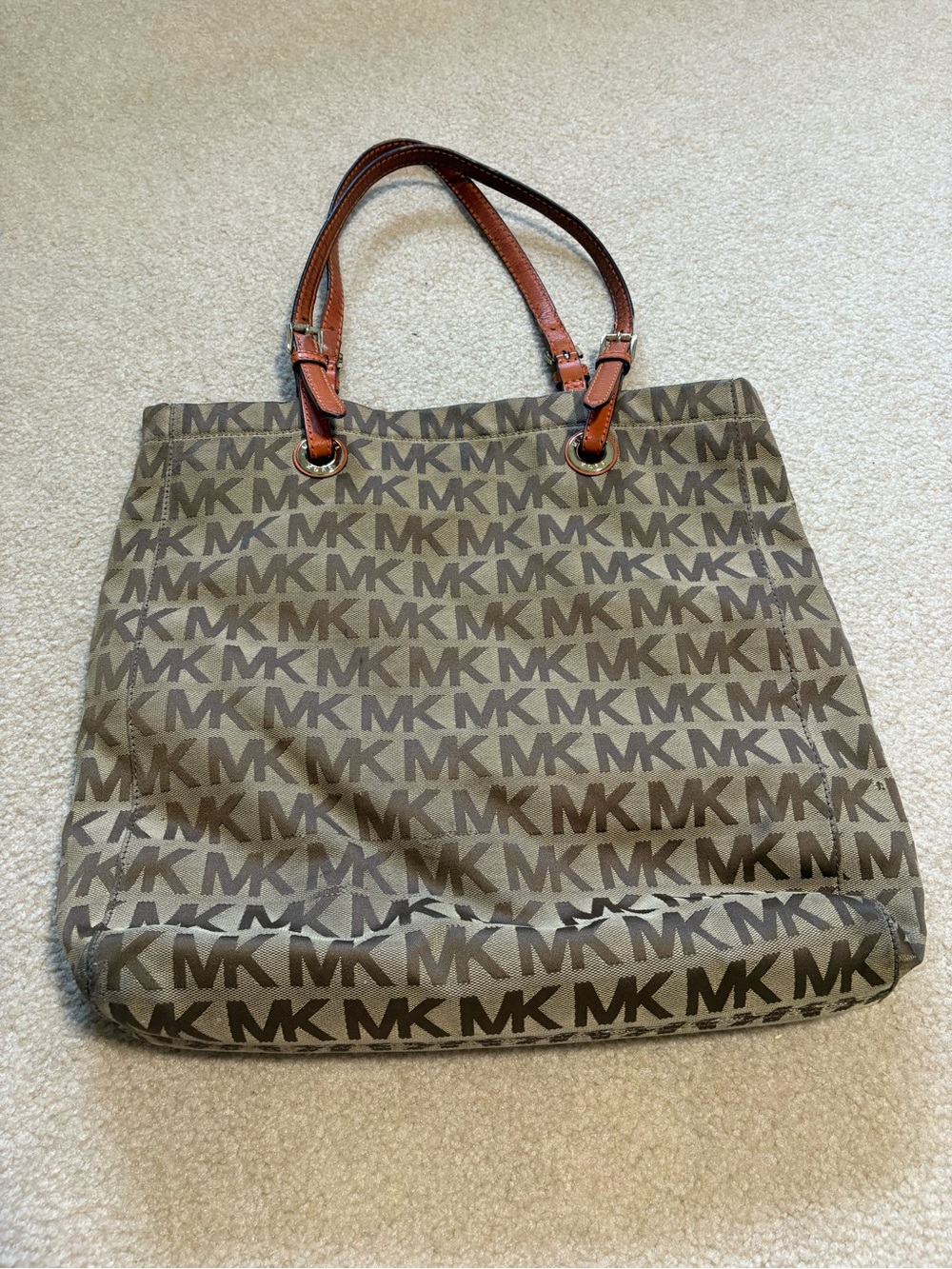 Michael Kors Brown MK Logo Tote with Orange Leather Handles